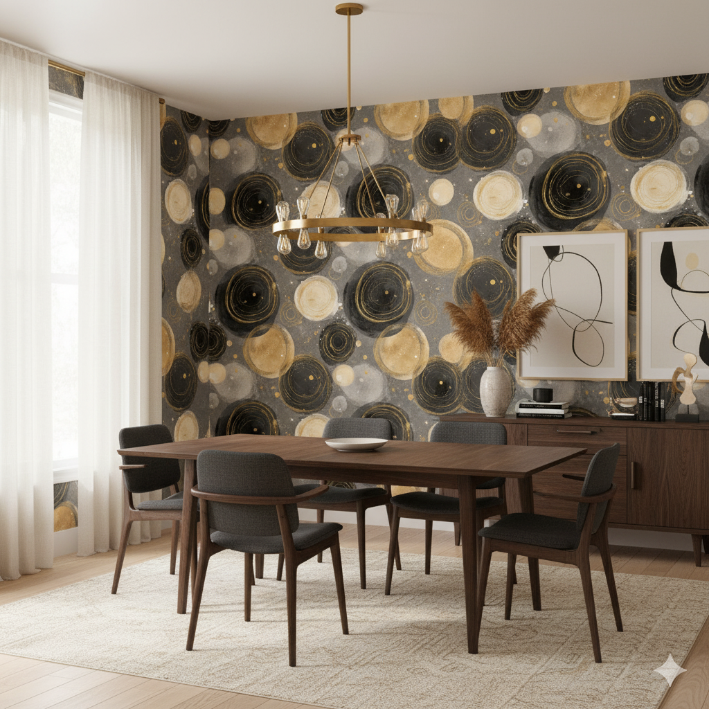 Patterned Orrery wallpaper with gold and black circles against a neutral wall.
