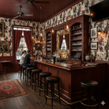 La Rue Écarlate wallpaper with faces by untold vendor, covering the walls of a bar.