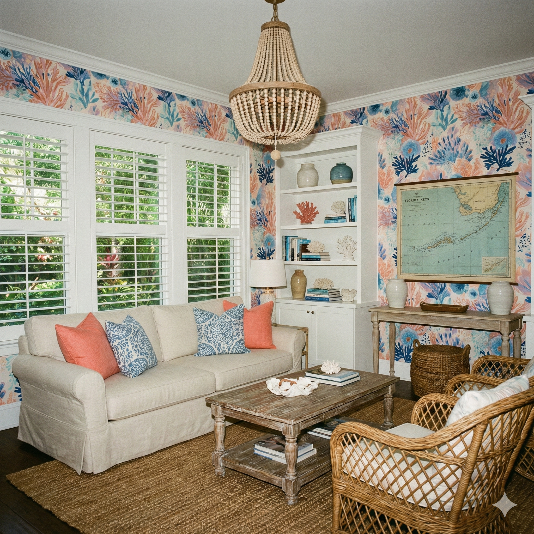 Saltwater Almanac Wallpaper with coral and sea patterns filling a coastal style living room.
