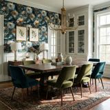 Mistleaf Waltz Wallpaper with floral pattern, on the walls of a dining room setting.
