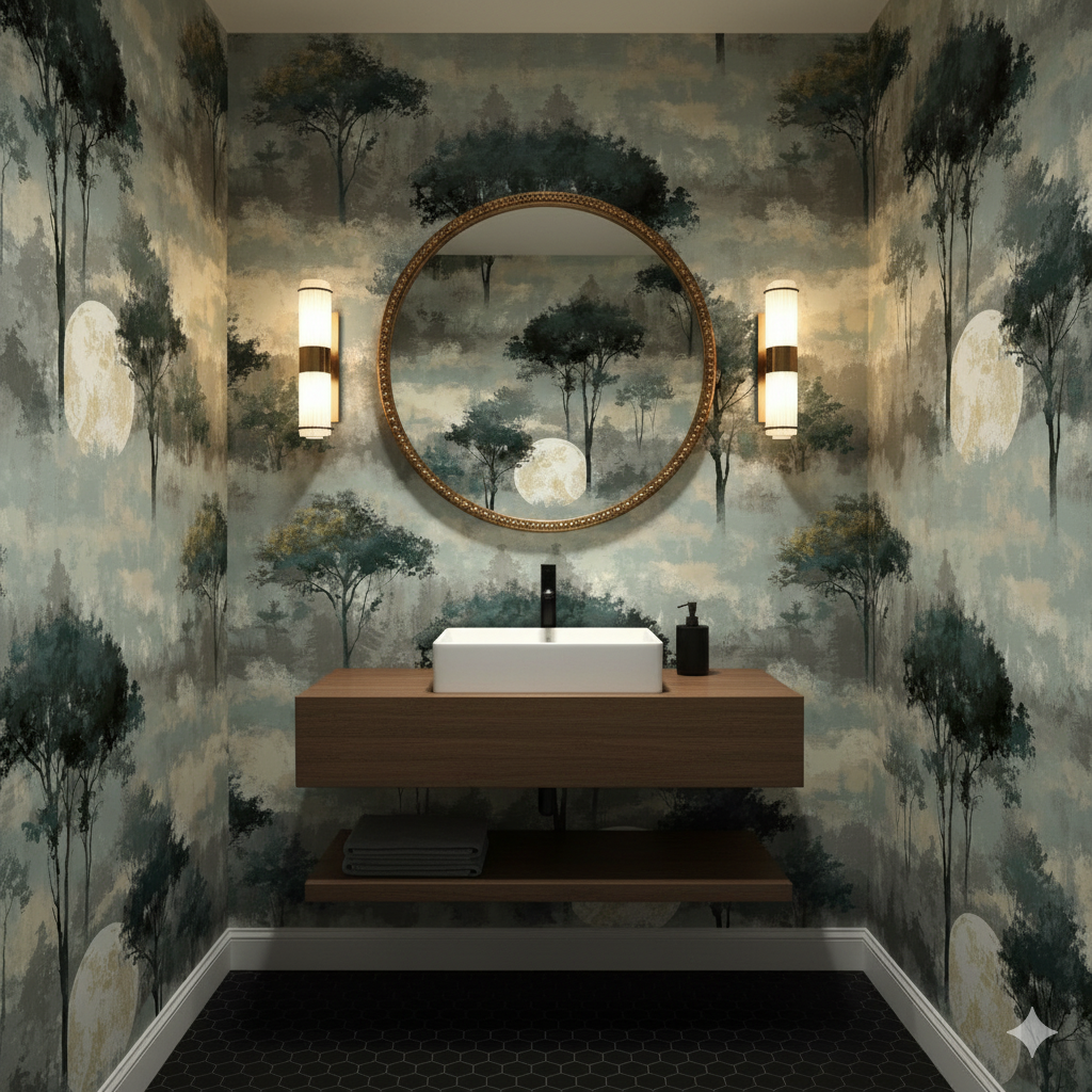 Luna Canopy Wallpaper with a trees and moon pattern.