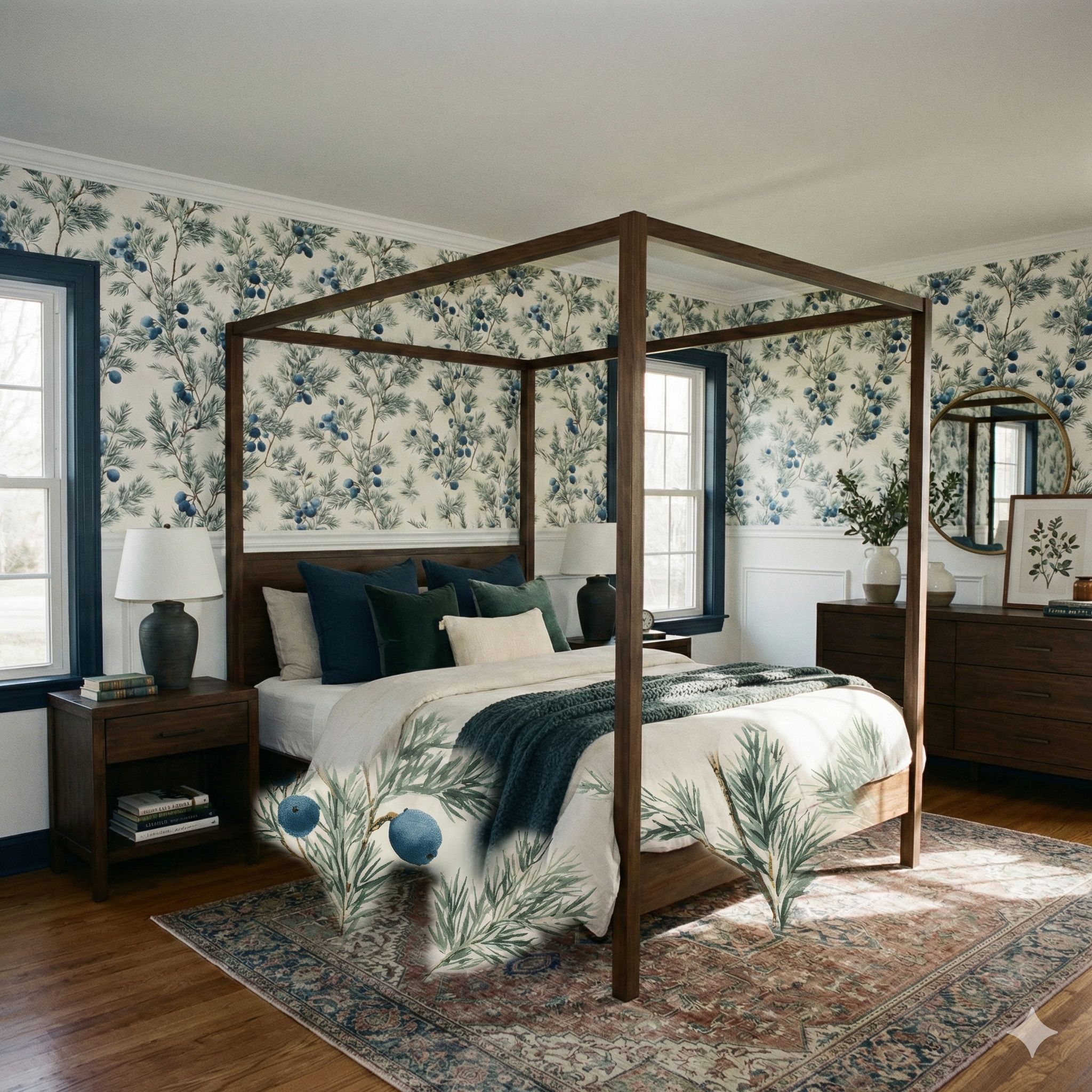 Juniper wallpaper with blue berries by Bluewake featuring a botanical pattern in a bedroom setting.