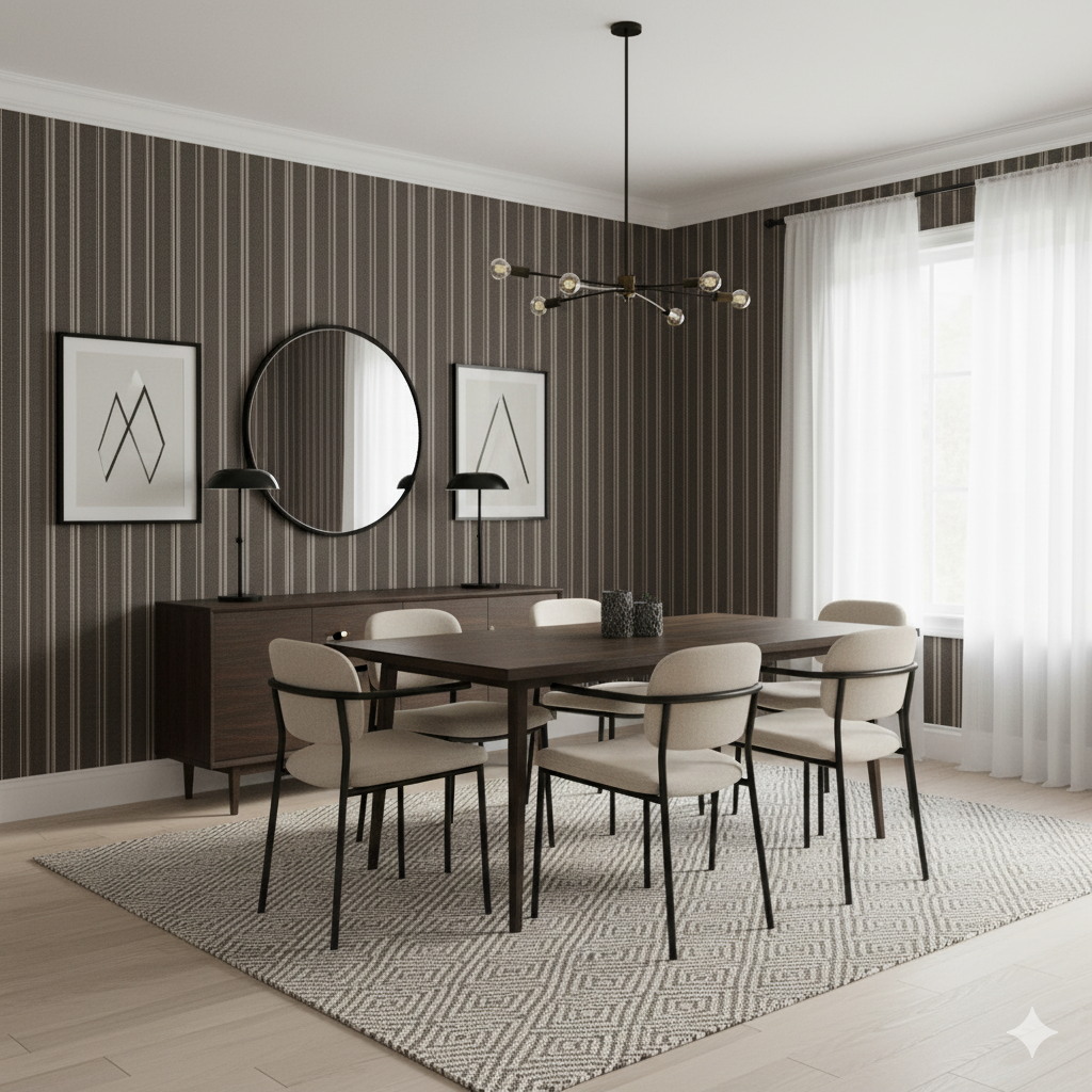 Brown and white striped Bastion Wallpaper with a vertical pattern in a dining room setting.