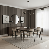 Brown and white striped Bastion Wallpaper with a vertical pattern in a dining room setting.