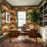 Abstract patterned wallpaper in orange, brown, and gray hues with organic shapes.