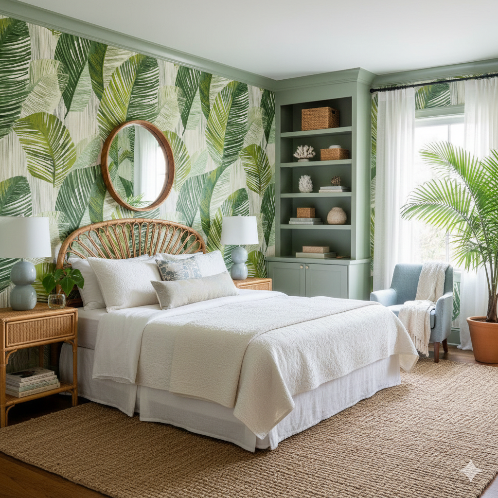 Limehouse Fronds Wallpaper with green palm leaf pattern covering the wall behind a bedroom setup.