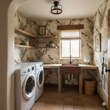 Desert Etching Wallpaper with bird and yucca pattern on the walls of a laundry room.