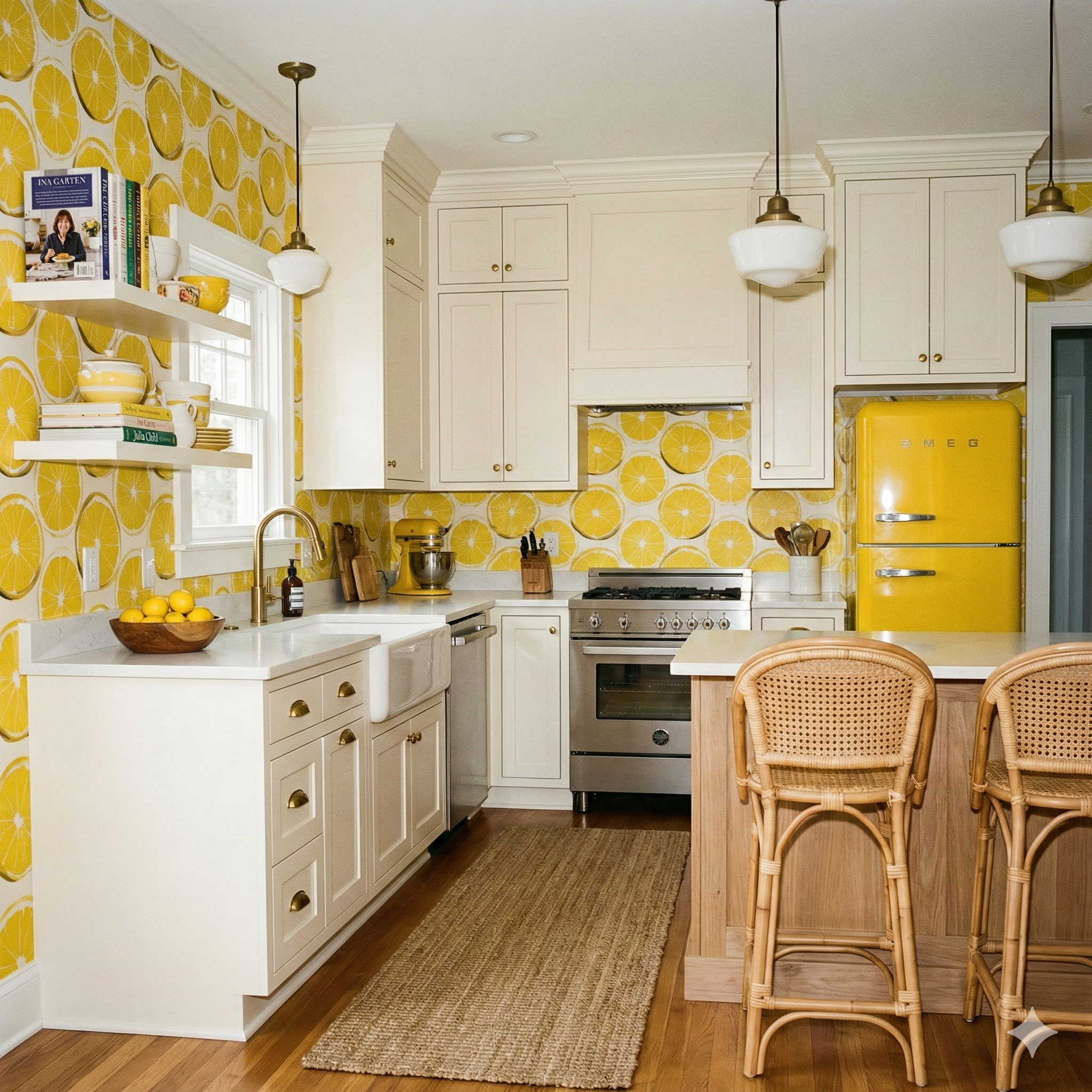 Citrine Wheel Wallpaper with lemon slice pattern featuring a yellow and white color scheme.
