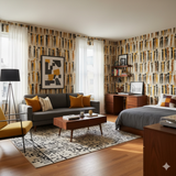Gathering Place Wallpaper with silhouette pattern by York Wallcoverings, covering the walls in a living space.