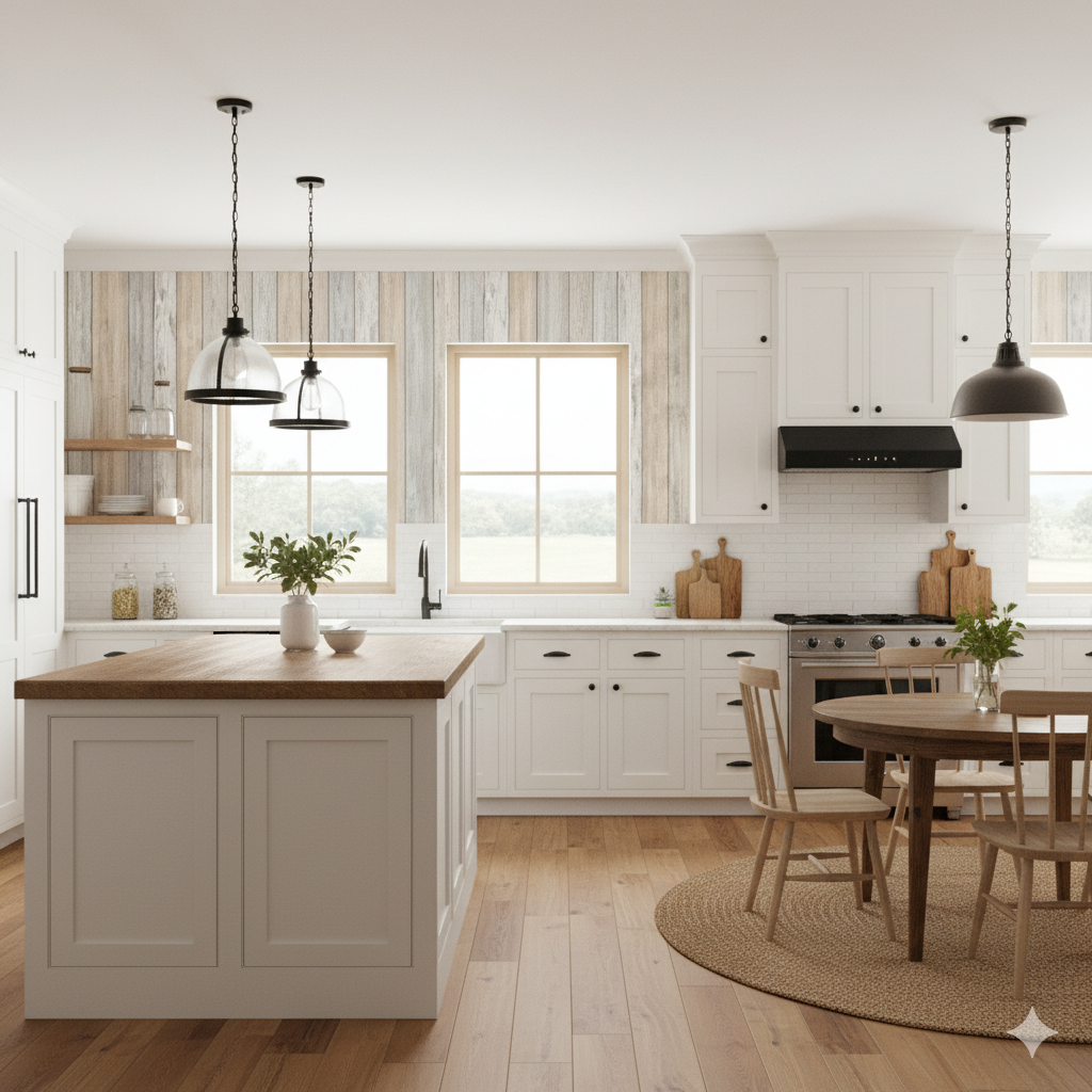 Boardwalk whisper wallpaper with plank pattern, evoking a rustic, coastal style, in a kitchen setting.
