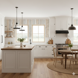 Boardwalk whisper wallpaper with plank pattern, evoking a rustic, coastal style, in a kitchen setting.

