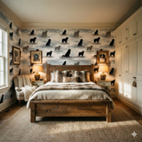Shadowmere Bay Wallpaper with dog silhouettes by Schumacher, displayed in a bedroom setting with hardwood floors and matching wood furniture.