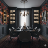 Floral Emberveil Wallpaper with a poppy design, displayed on a dining room wall.