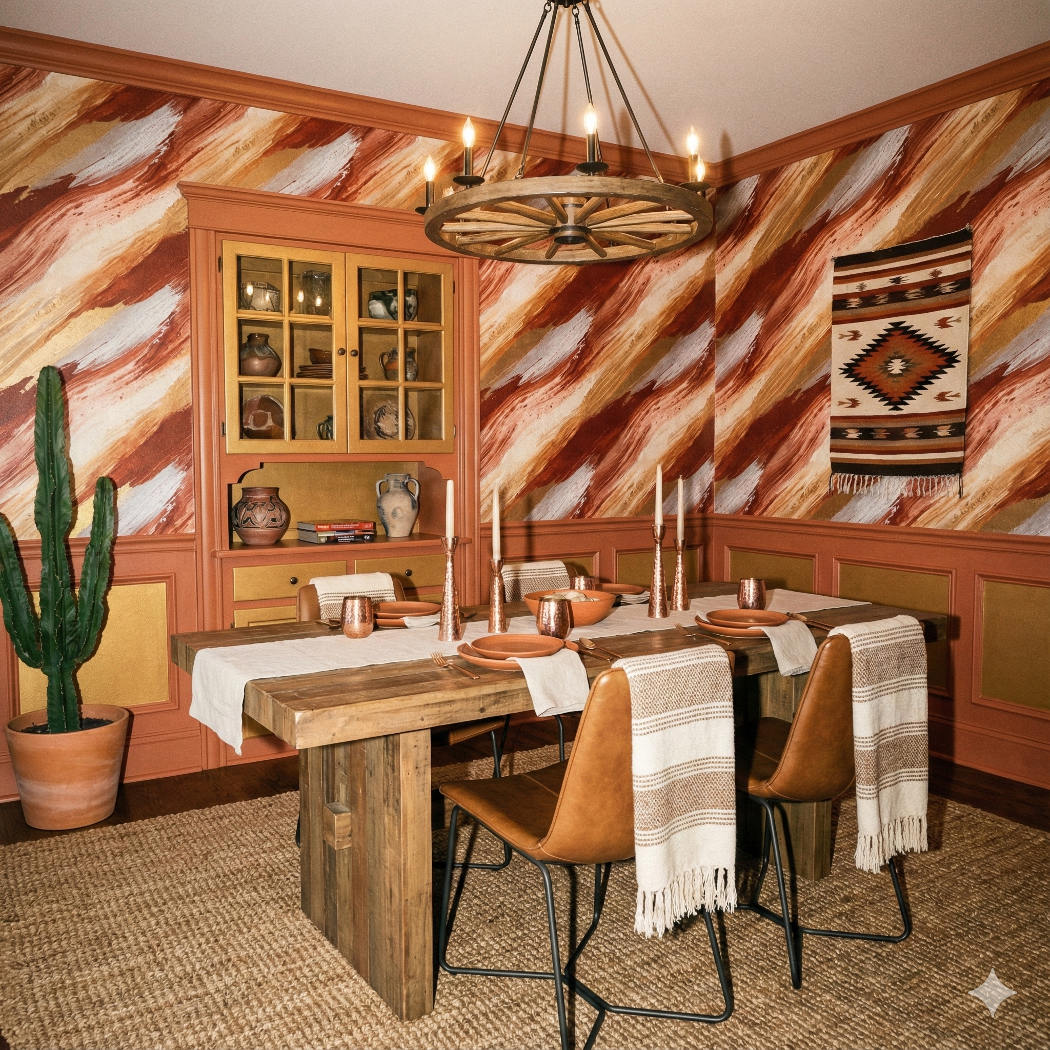 Solterra Vein wallpaper with brown and silver brushstroke pattern over warm orange backdrop.