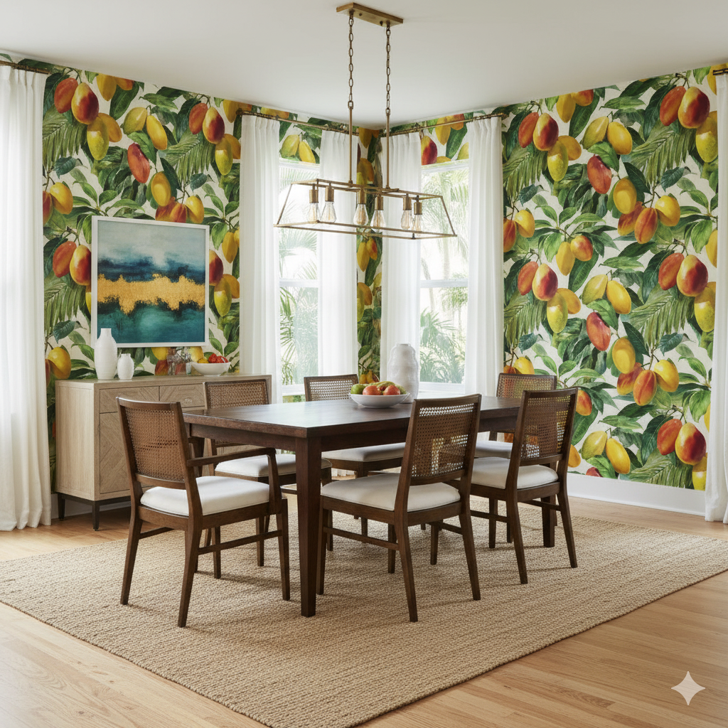 Mango Grove wallpaper with colorful fruit pattern, foliage details, and white background.

