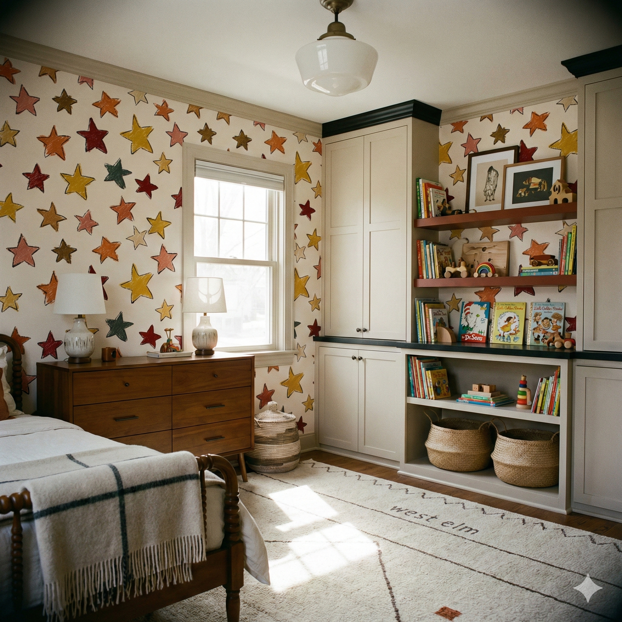 Colorful star pattern wallpaper by York Wallcoverings, featuring red, brown, and yellow crayon stars against a white backdrop in a child's room.