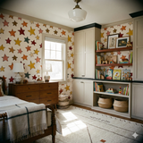 Colorful star pattern wallpaper by York Wallcoverings, featuring red, brown, and yellow crayon stars against a white backdrop in a child's room.