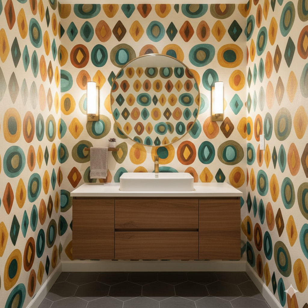 Mesa Shapes Wallpaper with circles and diamonds pattern on a beige background.
