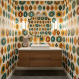 Mesa Shapes Wallpaper with circles and diamonds pattern on a beige background.
