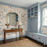 Bloomfield Meadow Wallpaper featuring floral and butterfly patterns, styled in a transitional entryway.