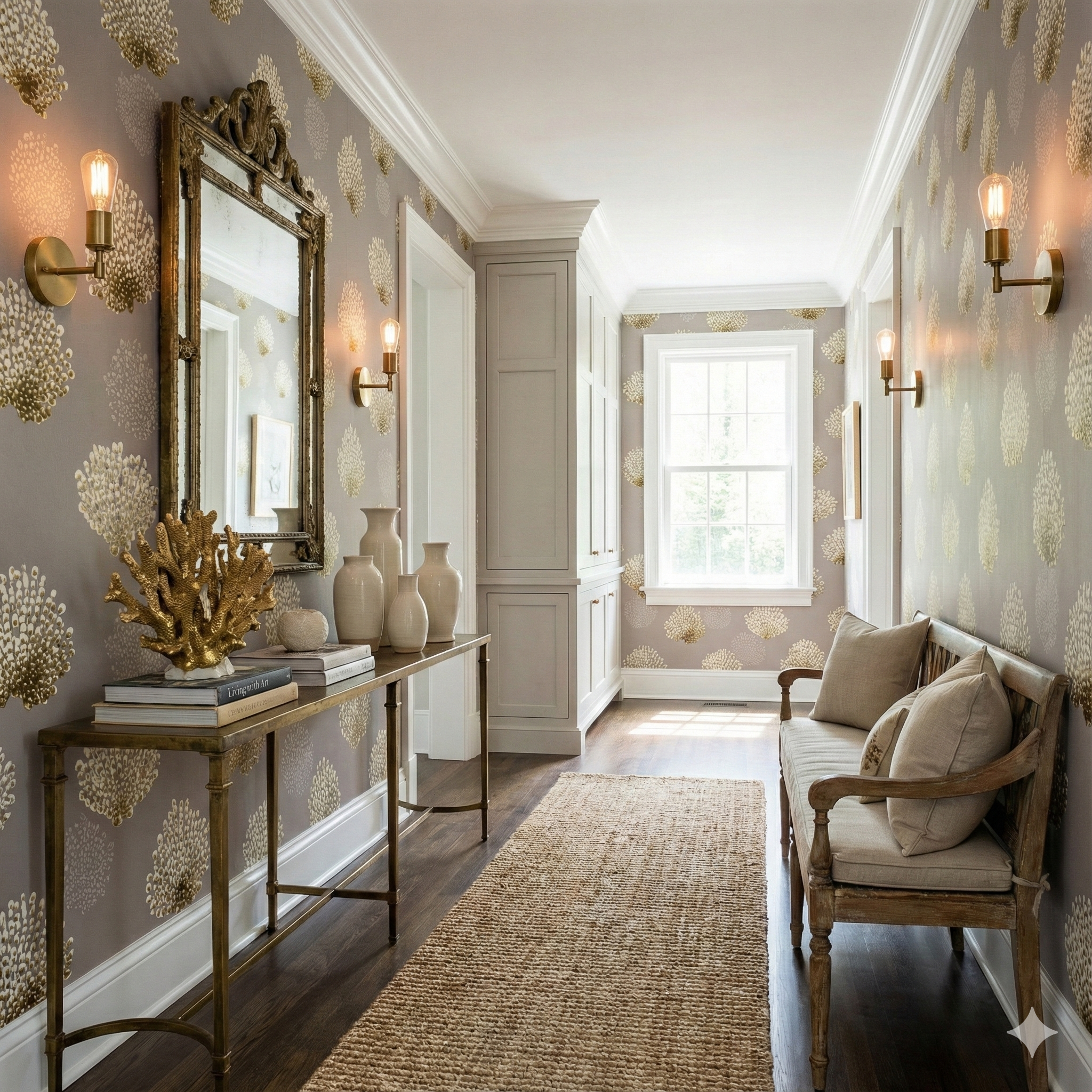 Grey and gold reefburst wallpaper with a floral-like pattern, set in an elegant hallway.