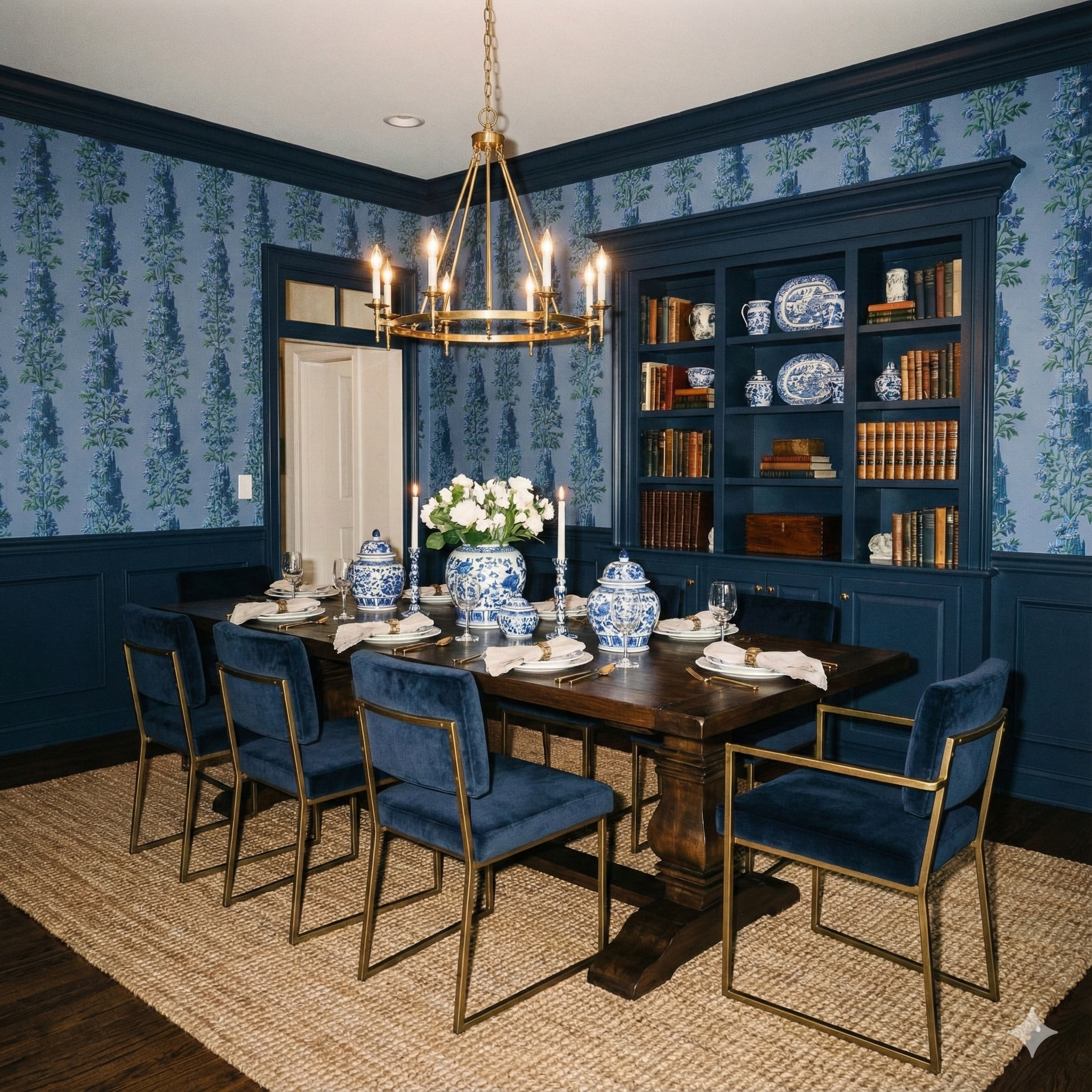 Floral column wallpaper with blue and green pattern, covering the walls above dark blue wainscoting.