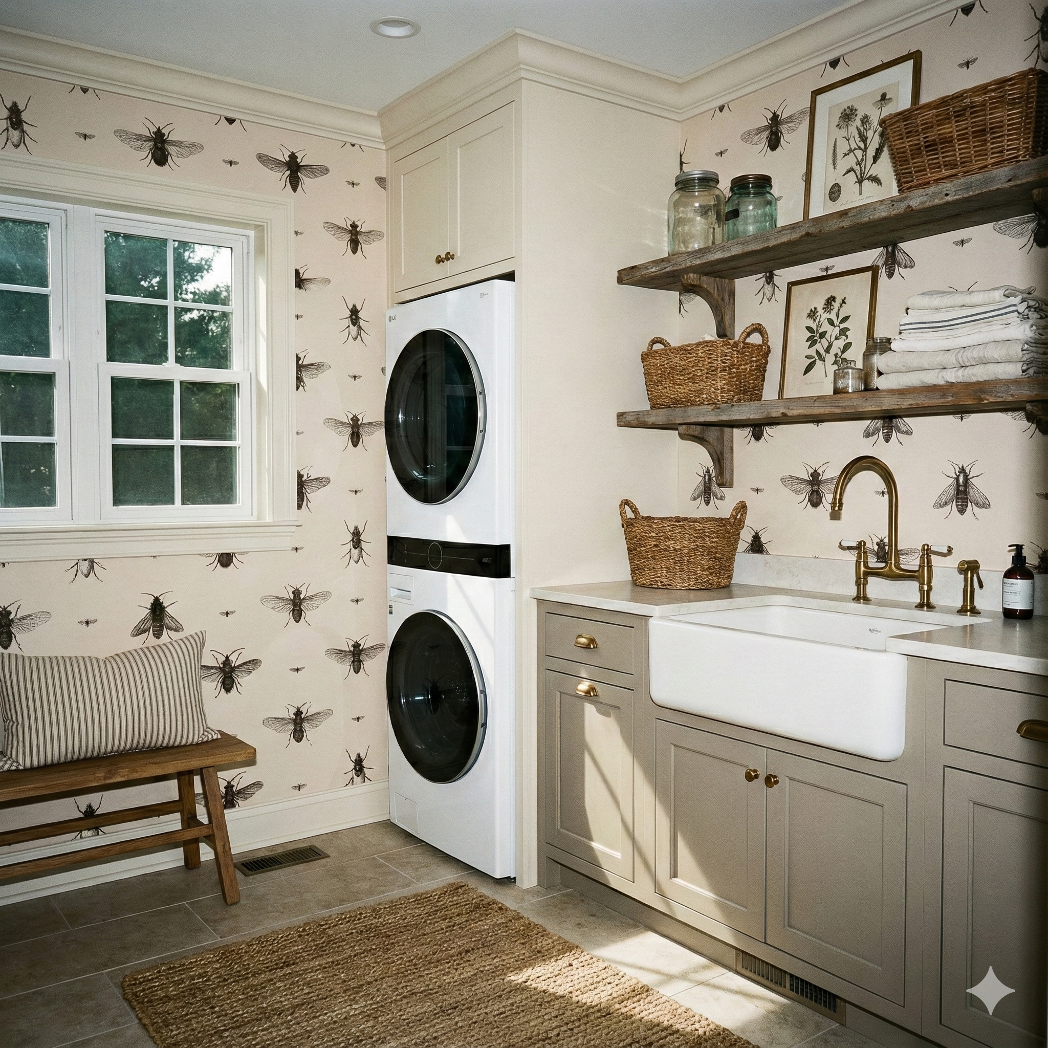 Entomologist's Archivum wallpaper with a bug pattern, covering the laundry room walls.