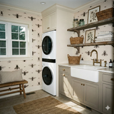 Entomologist's Archivum wallpaper with a bug pattern, covering the laundry room walls.