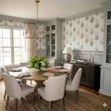 Fernway Mistfell wallpaper with a delicate blue fern pattern on a cream background.