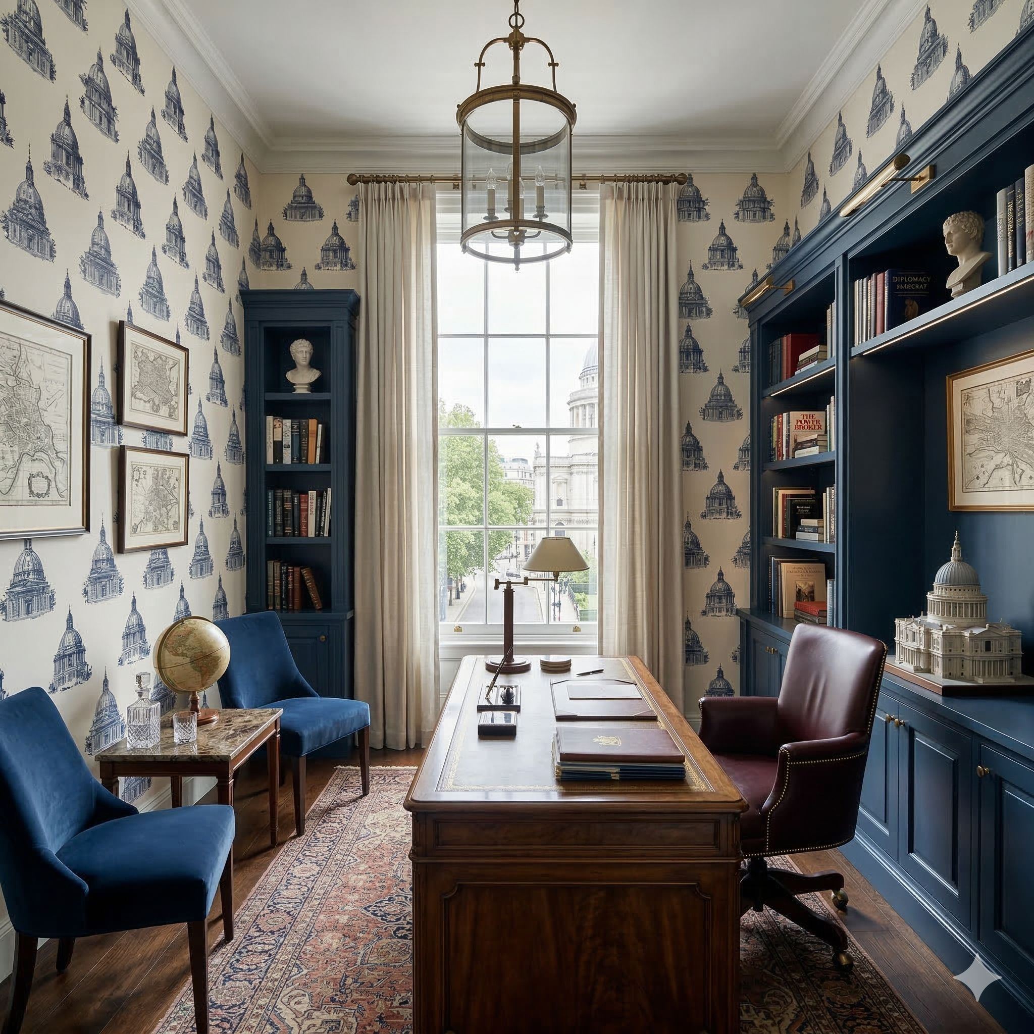 Patterned wallpaper with architectural dome design, blue print on cream backdrop.
