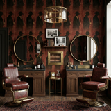 Dark figure pattern wallpaper with vertical stripes in a luxurious noir barber shop interior.