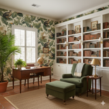 Botanical print wallpaper with birds and leafy foliage, featuring exotic patterns and natural textures.