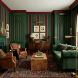 Striped Huntsman Canvas Wallpaper with red and green tones, featuring vertical patterns and fabric texture.