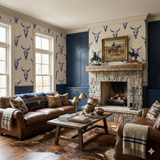 Patterned wallpaper with blue steer skulls on a neutral background.