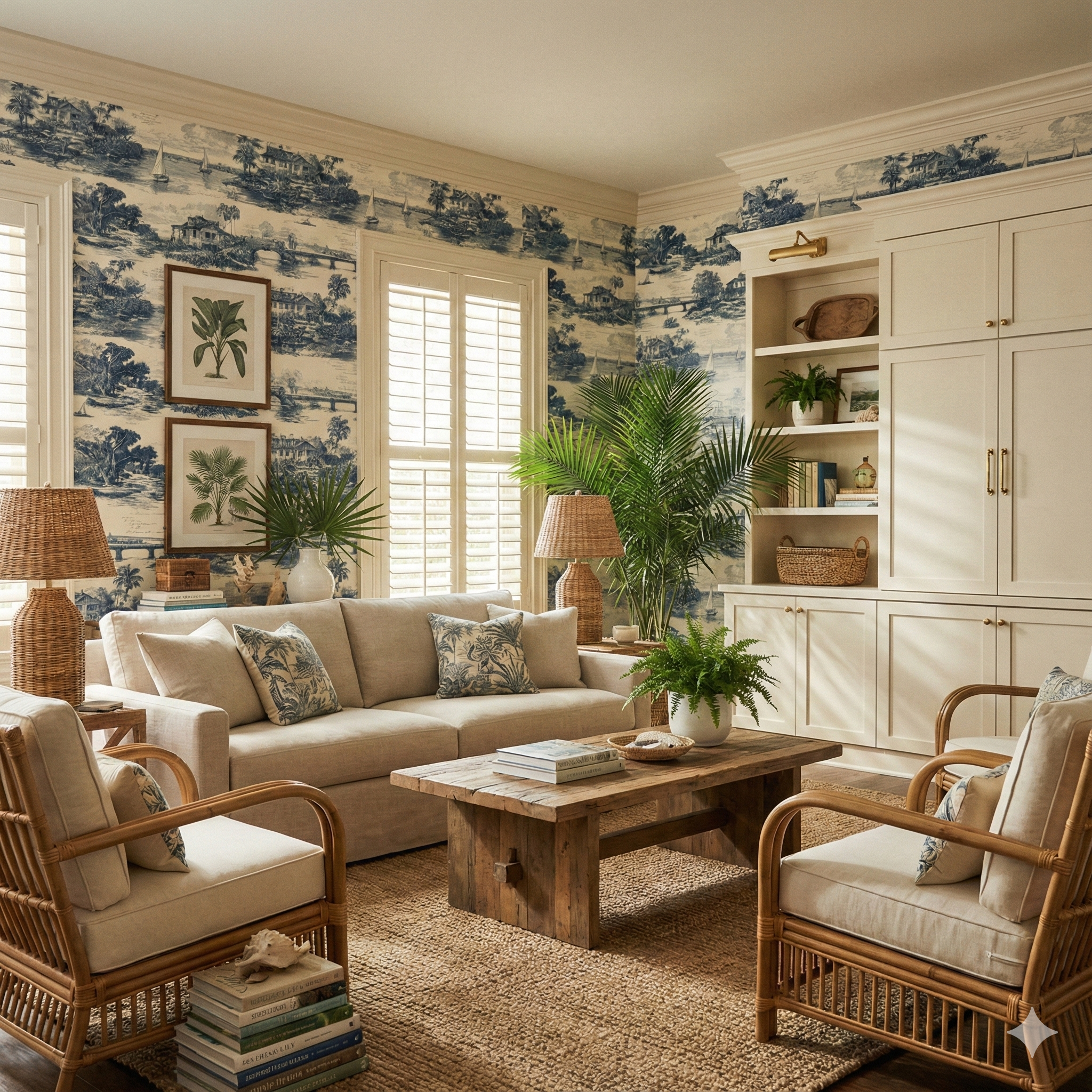 St. Johns River Ledger Wallpaper with a blue tropical print, covering the walls of a living room setting.
