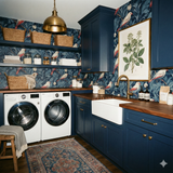 Nightgarden Aviary Wallpaper with avian pattern against blue foliage, floral elements, and tropical birds.