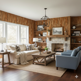 Mesquite Grove wallpaper with wood paneling effect, creating a rustic living room backdrop.
