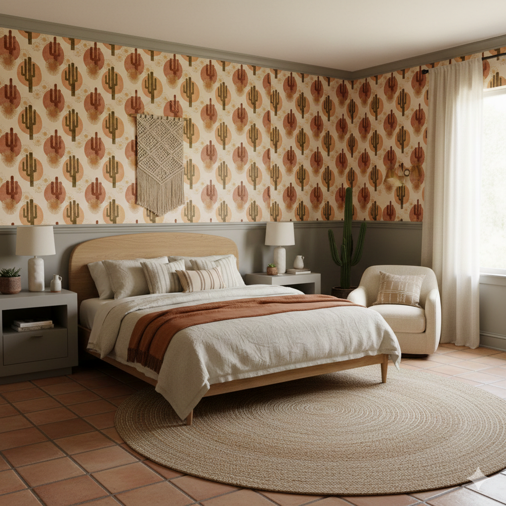 Sonoran Embershade wallpaper featuring a retro cactus and sun pattern on a textured beige background.