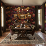 Imperial Bloom wallpaper featuring large floral designs, with shades of red, purple, and yellow, on a dark background.
