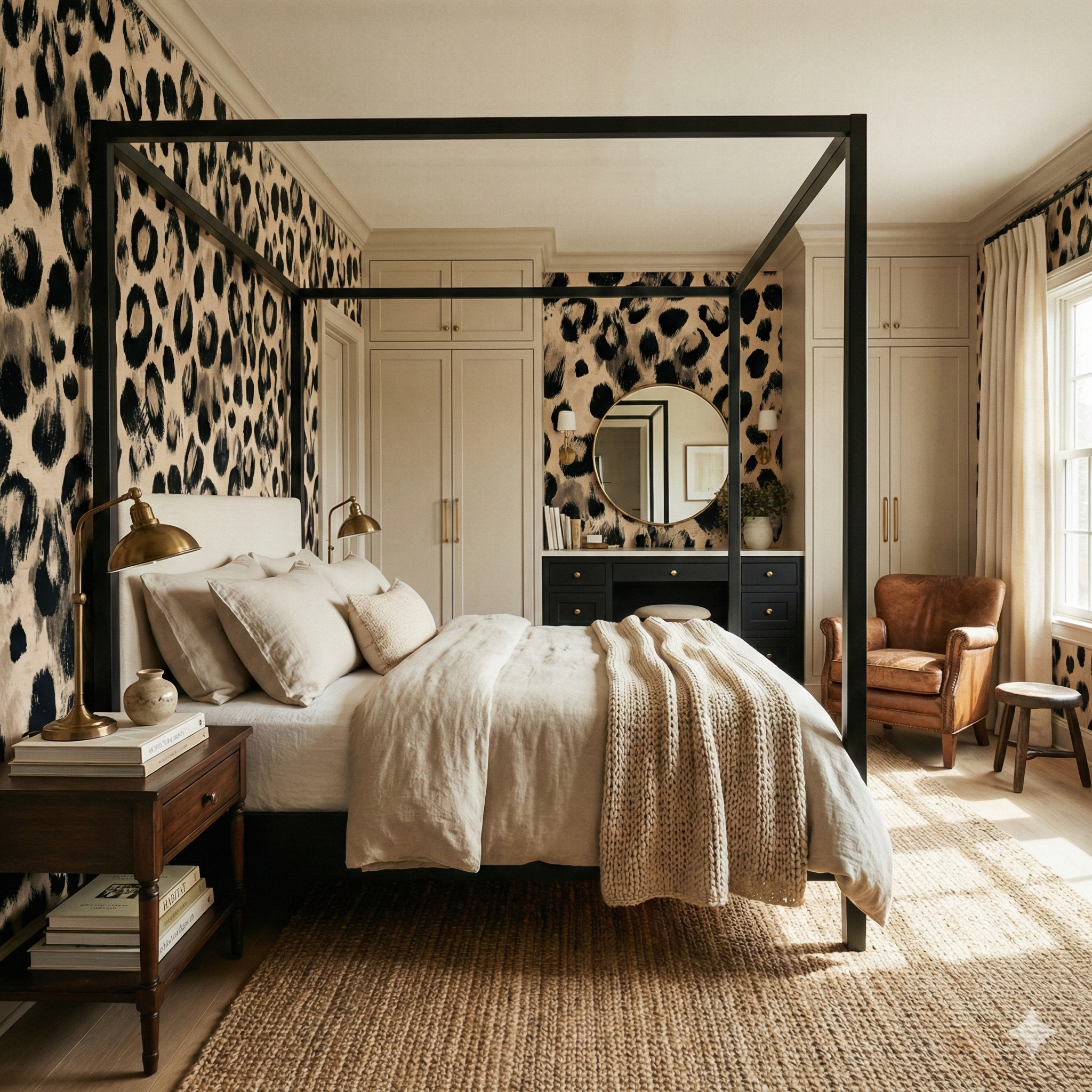 Raw Aperture wallpaper with a black and beige animal print pattern, covering the bedroom walls.
