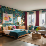 Tropical Parrot Bay Wallpaper with colorful floral and bird pattern, covering the bedroom walls.
