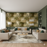 Abstract canvas wallpaper by Brewster featuring a green and beige painted block pattern.
