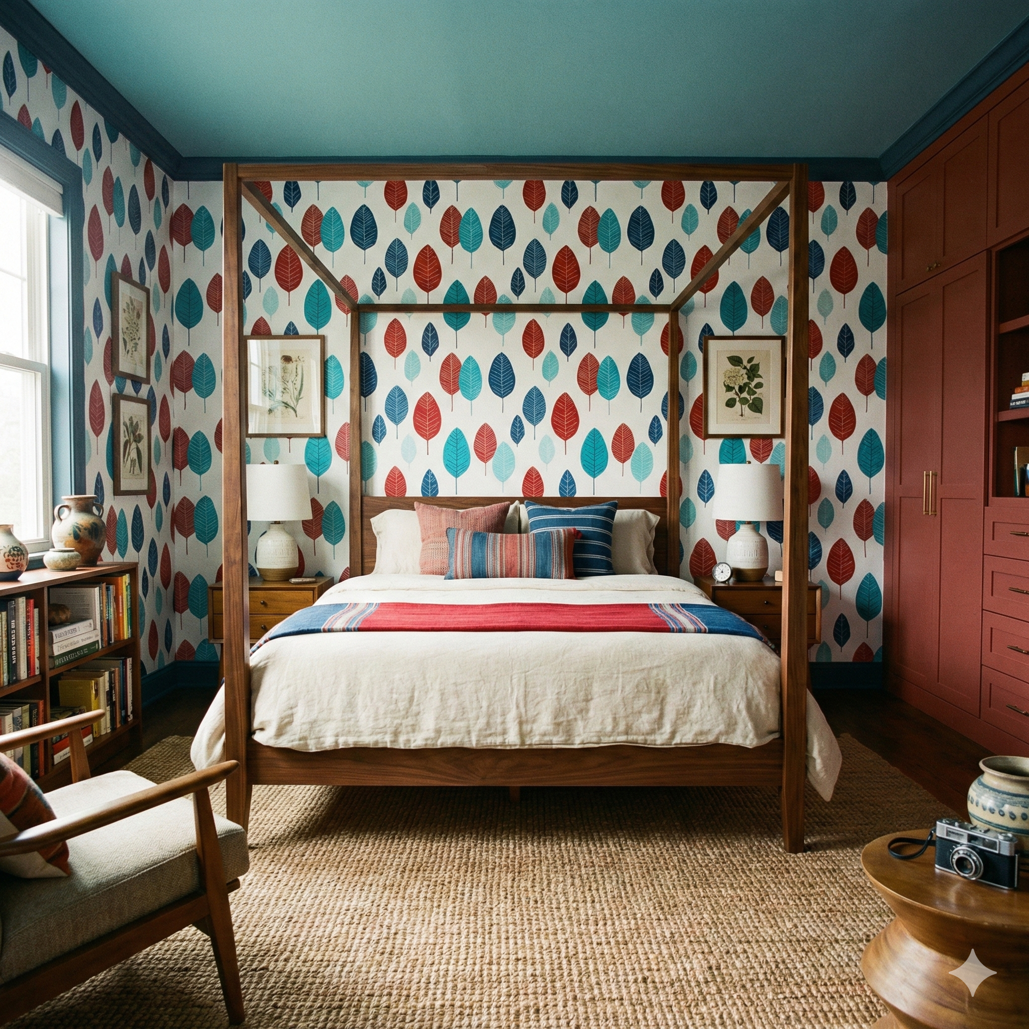 Indigo Elm Wallpaper with leaf pattern on the wall with a four poster bed in the center.