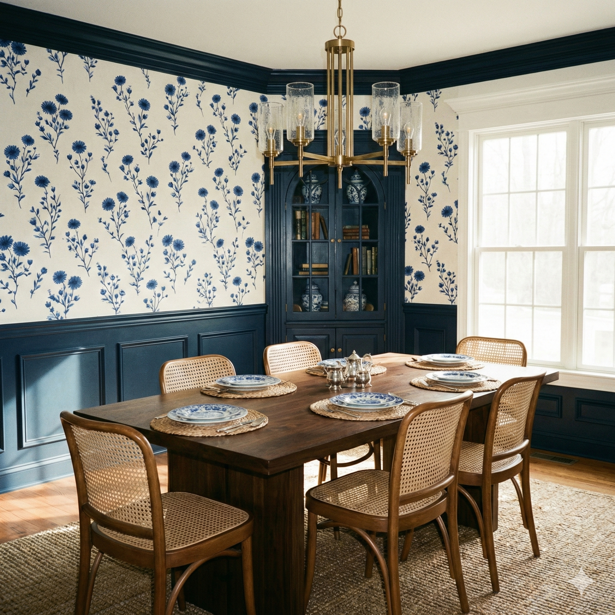 Bluewind Meadow Wallpaper with blue floral pattern, displayed in a dining room above blue wainscoting.