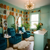 Dog-patterned wallpaper with brown, white, and gray hues, from Halston Grove, covering a green room with armchairs and decor.