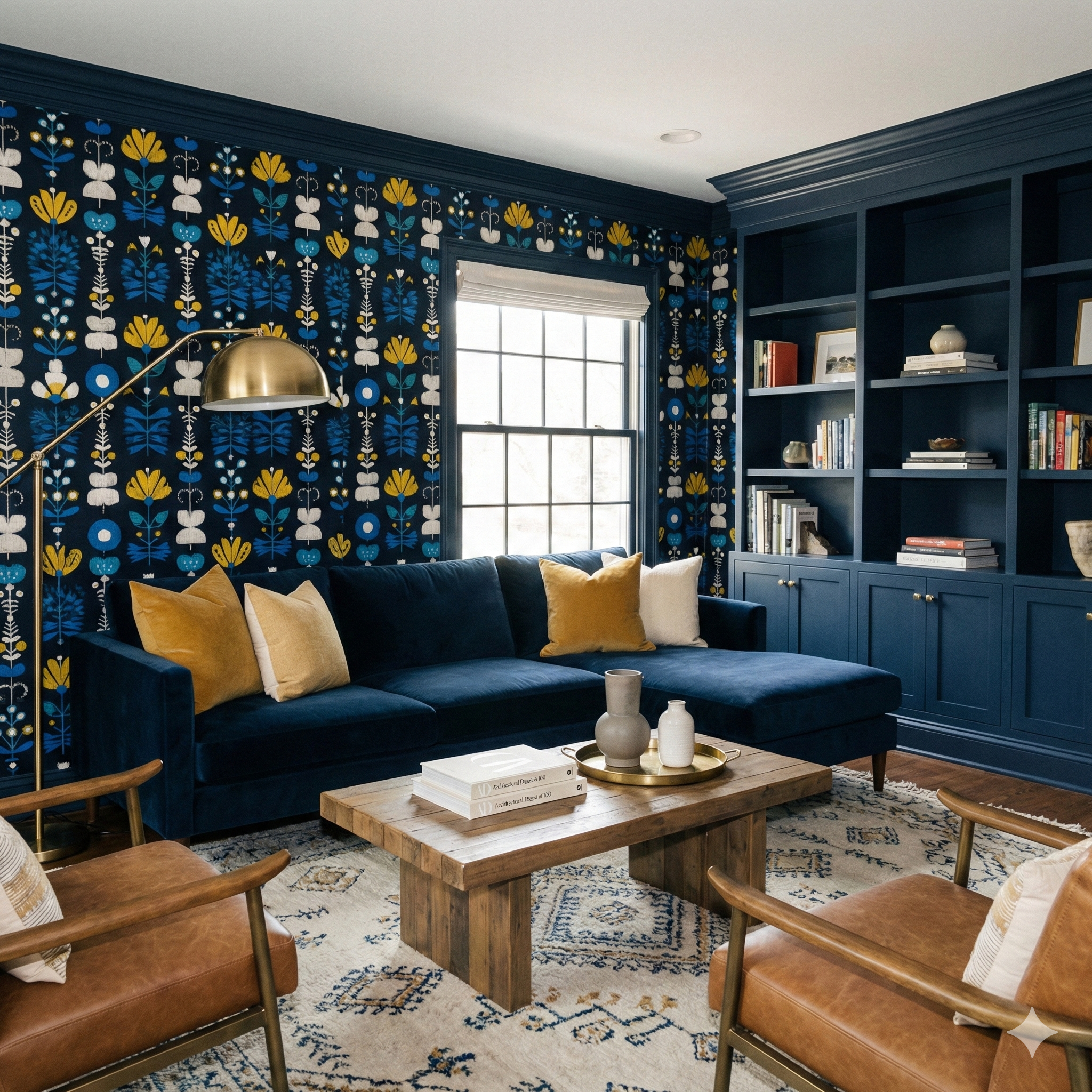 Floral folk wallpaper with blue background by Marin, featuring yellow and white flower pattern, in a styled room setting.