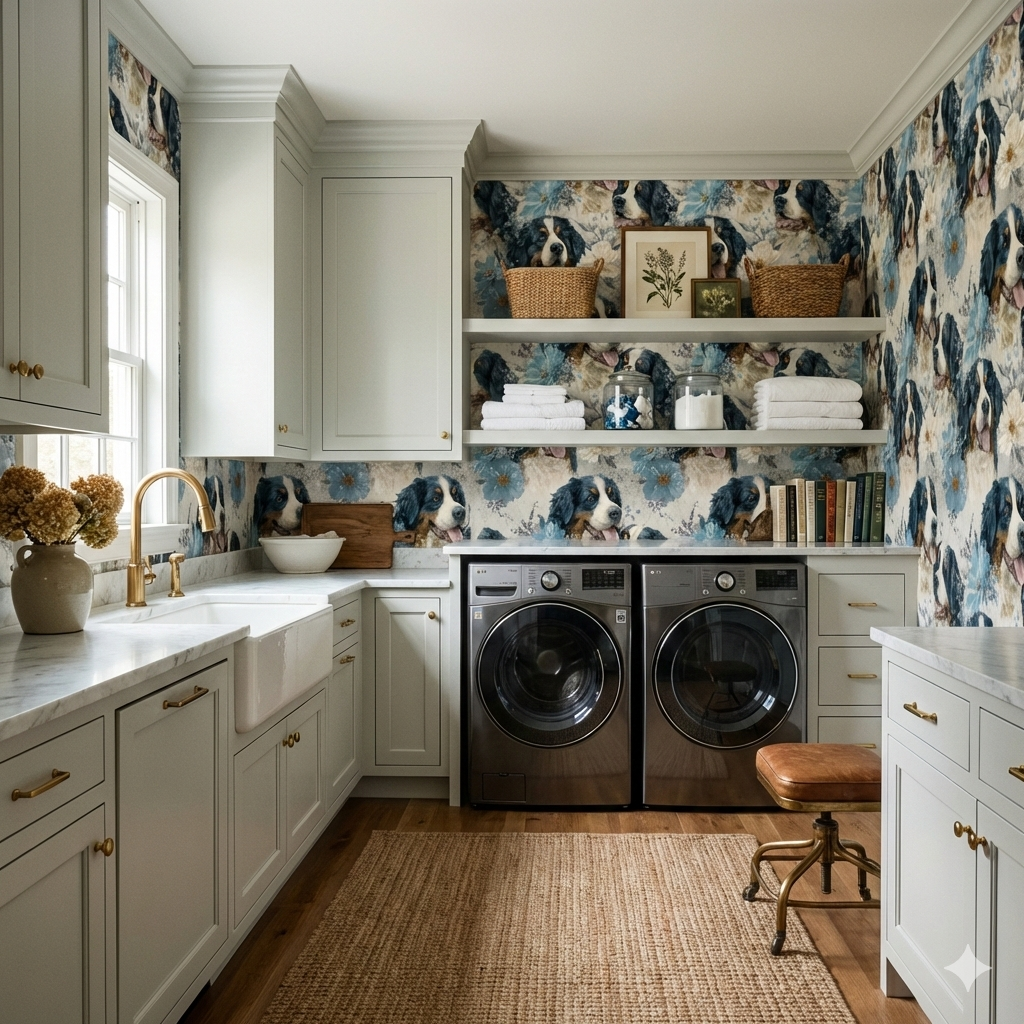 Patterned wallpaper with dog and floral design with blue, white, and beige details.