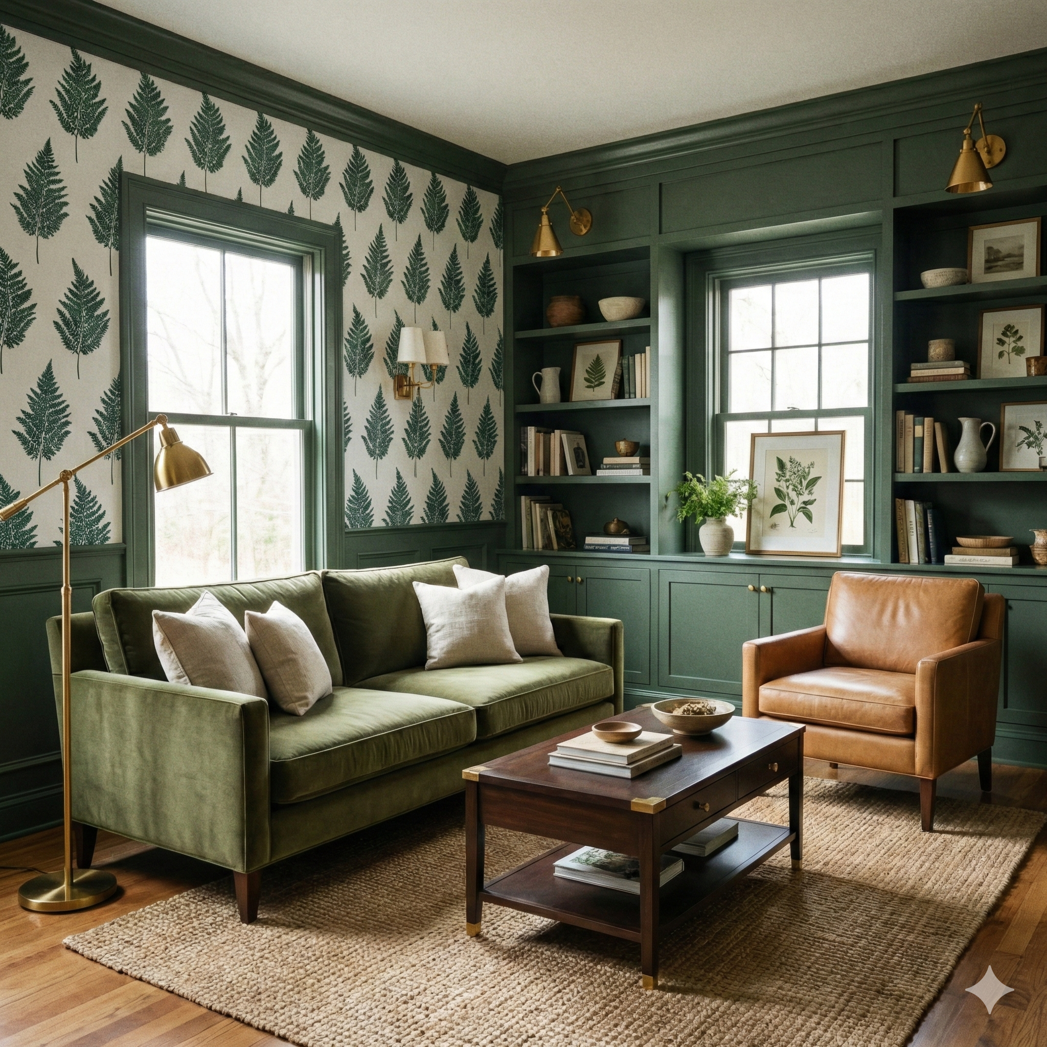 Fern wallpaper with a green foliage pattern, Northfield Fern Wallpaper, against a light background in a traditional room.