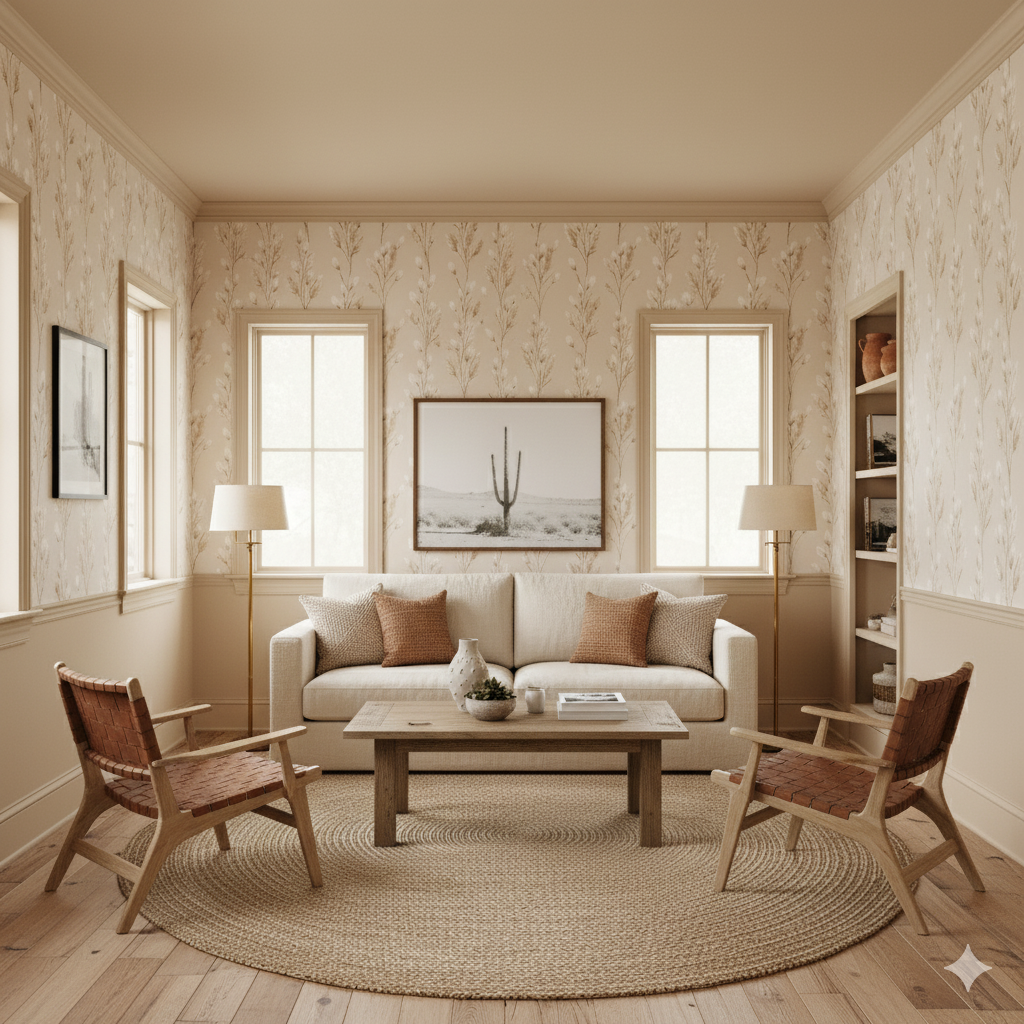 Willowmere wallpaper with a wheat botanical pattern on a tan background.