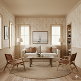 Willowmere wallpaper with a wheat botanical pattern on a tan background.